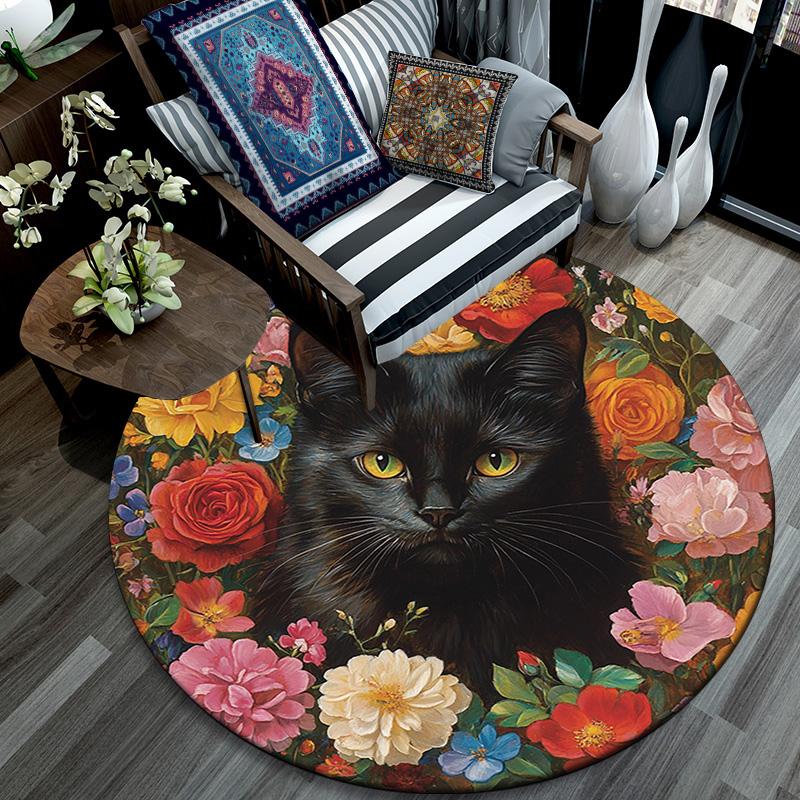 Black Cat Floral Round Area Rug,Carpet Rug for Living Room Bedroom Sofa Playroom Decor,Non-slip Floor Mat