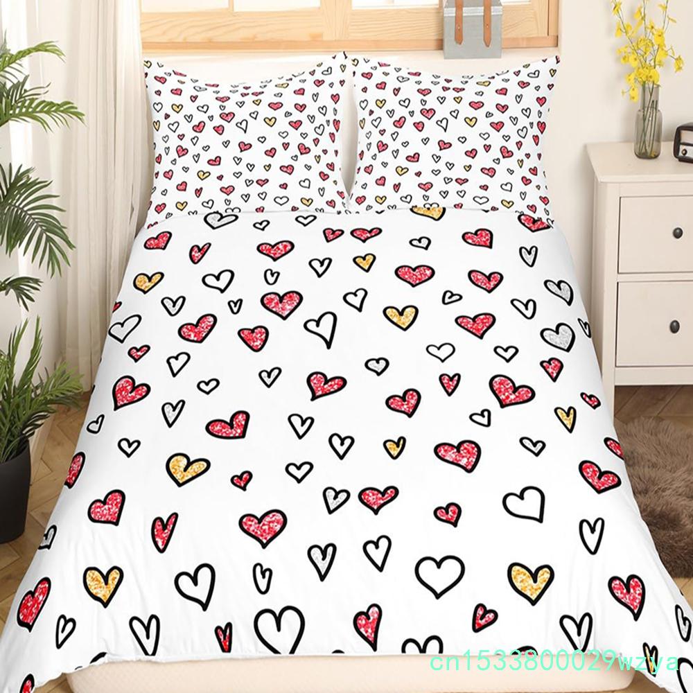 Valentinstag Bettwäsche Set Doodle Stil Kleines Herz Bettbezug Lila Rot Bettdeckenbezug Liebe Thema Polyester Steppdeckenbezug