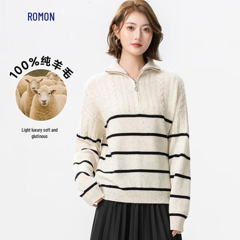 ROMON Damen 100% Merinowolle Reißverschluss Halboher Kragen Pullover