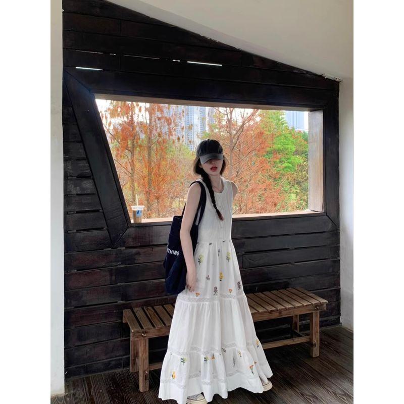 Kumikumi Elegant Floral Dress Women Summer Holiday Style Sleeveless Vest Dress Lace Stitching A Word Long Dress