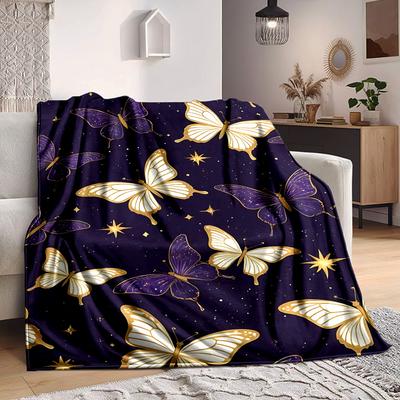 1pc Butterfly Night Lightweight Flannel Blanket, Comfortable and Warm Blanket, for Office and Camping Sofa Bed, Livingroom094