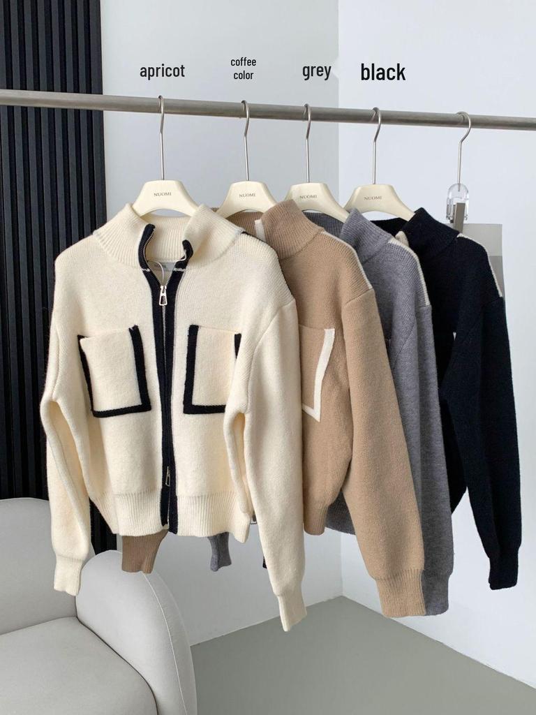 Women's Slim Fit Color Block Knitted Sweater with Stand Collar and Double-Head Zipper