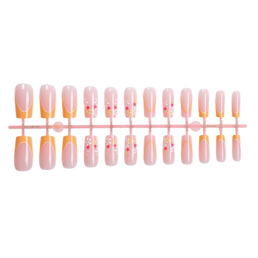 24pcs French Nail Press On Nail With Strawberry and Flower Pattern Medium Length Stick on Nail Manicure Nail Art
