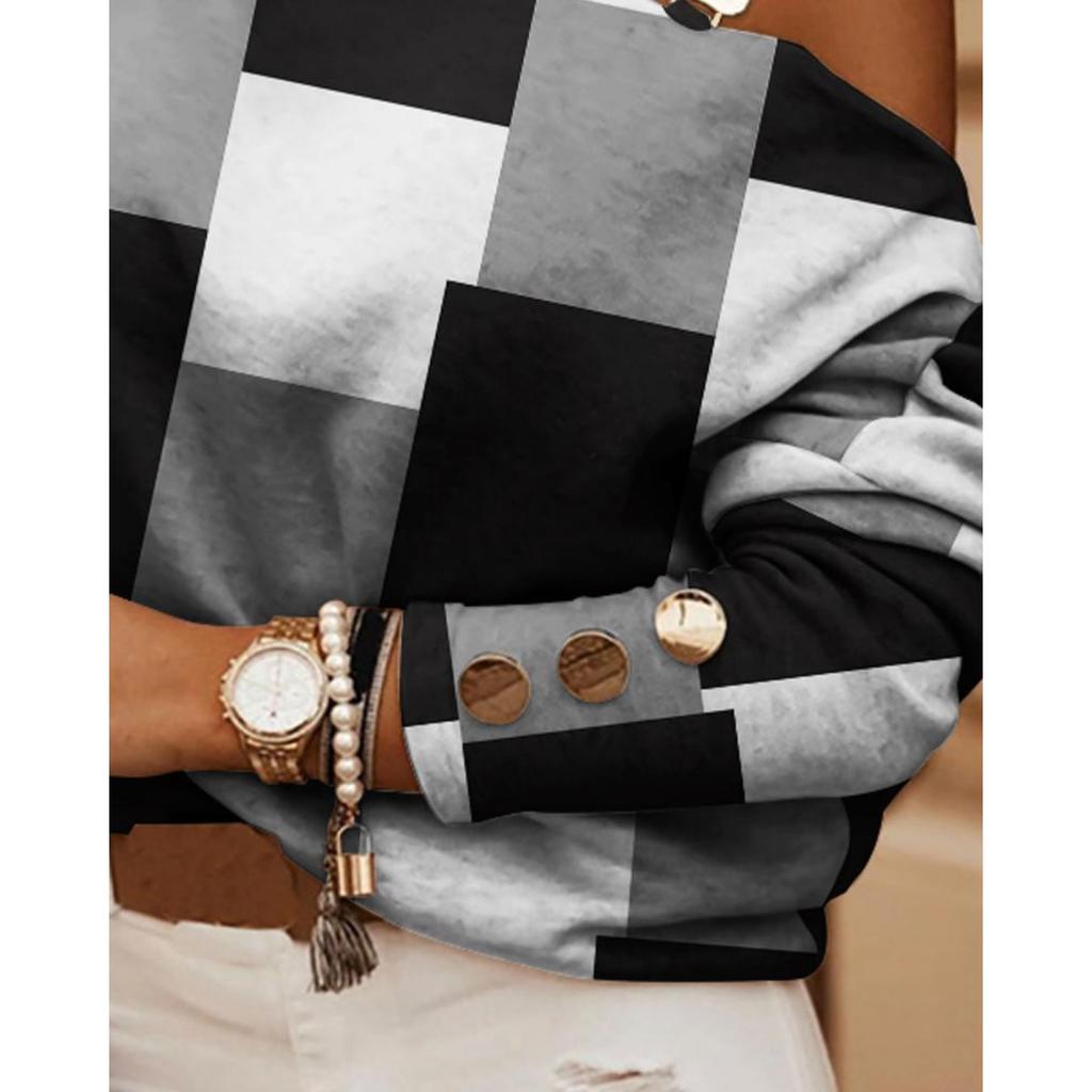 Lange Ärmel, Ketten, Halsketten, Drucke, Knopfverzierungen, Oberteile, Damenbekleidung