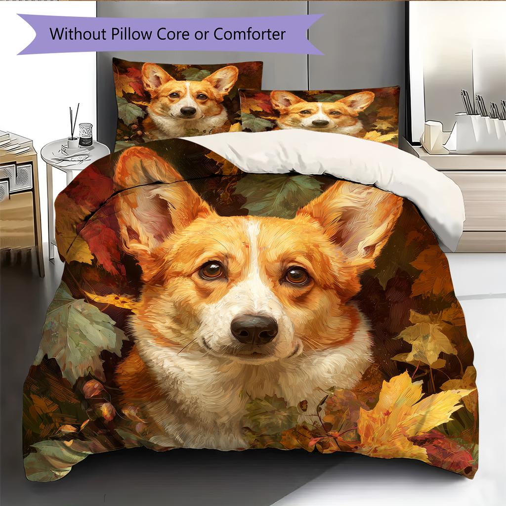 Corgi und Pflanzen Muster Bettwäsche Heimdekoration Geburtstagsgeschenk (1 Bettbezug + 2 Kissenbezüge, ohne Füllung)
