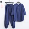 Men's Summer Cotton Linen Chinese Style Frog Button Half Sleeve Tang Suit Set