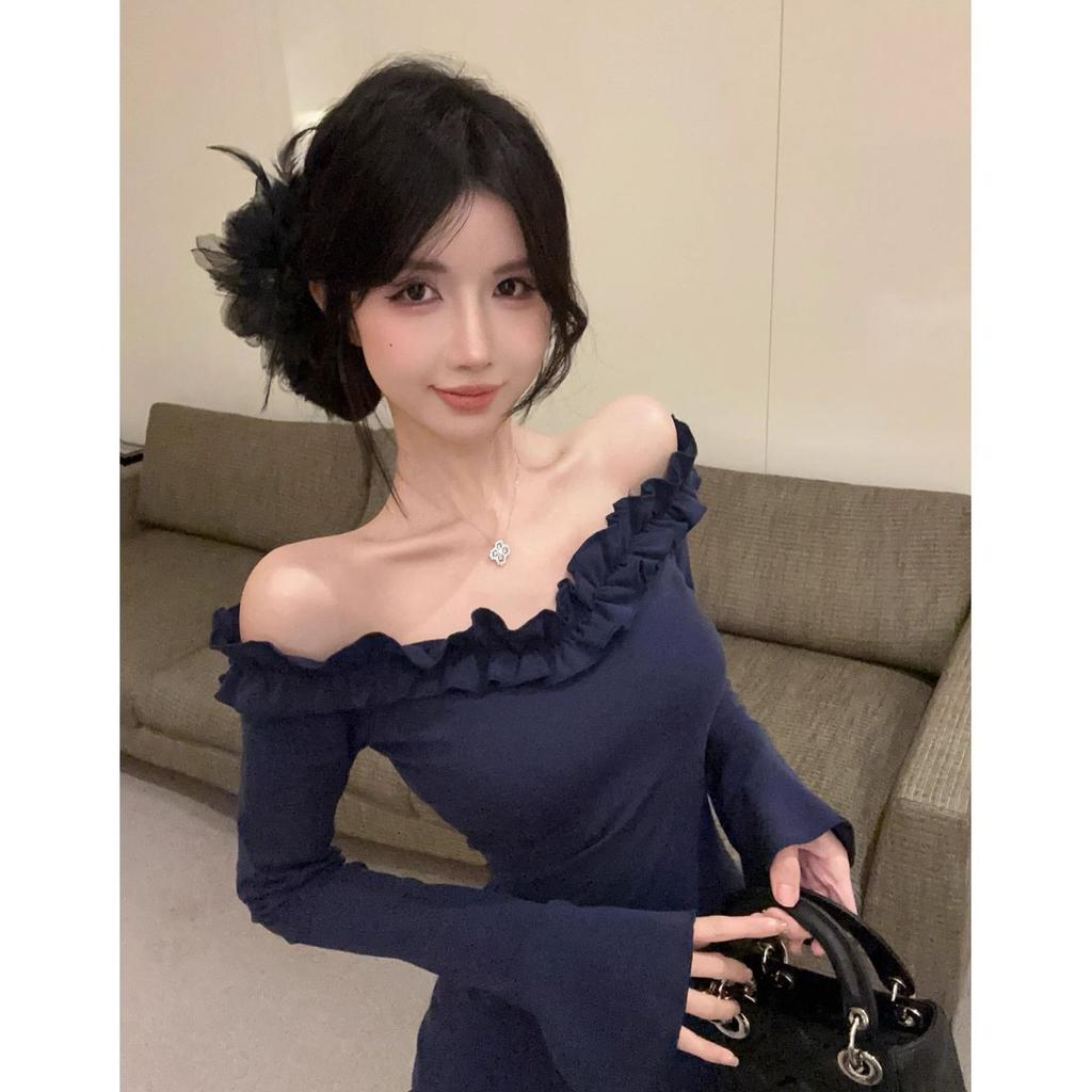Pure desire style sexy one-word shoulder ruffle edge suspender dress women's spring and autumn tight hip-wrapped mom skirt off-the-shoulder skirt