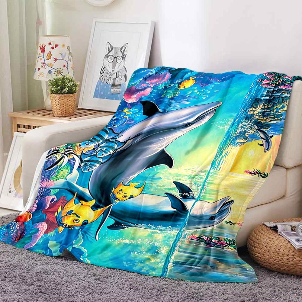 1Pc Dolphins Tropical Fishes Blanket Soft And Comfortable Casual Warm Camping Travel Christmas Halloween Xmas Gift M928244