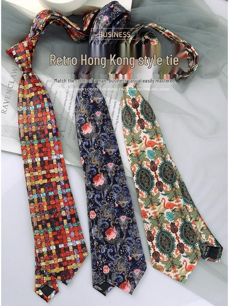 Retro Hong Kong Tie: Literary Casual Style with Animal & Floral Patterns for Men & Women