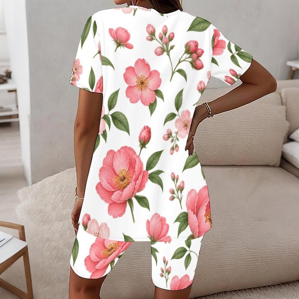 Women Plus Size Floral Printed Round Neck Short Sleeve Longline Top Fitted Shorts Two Piece Set