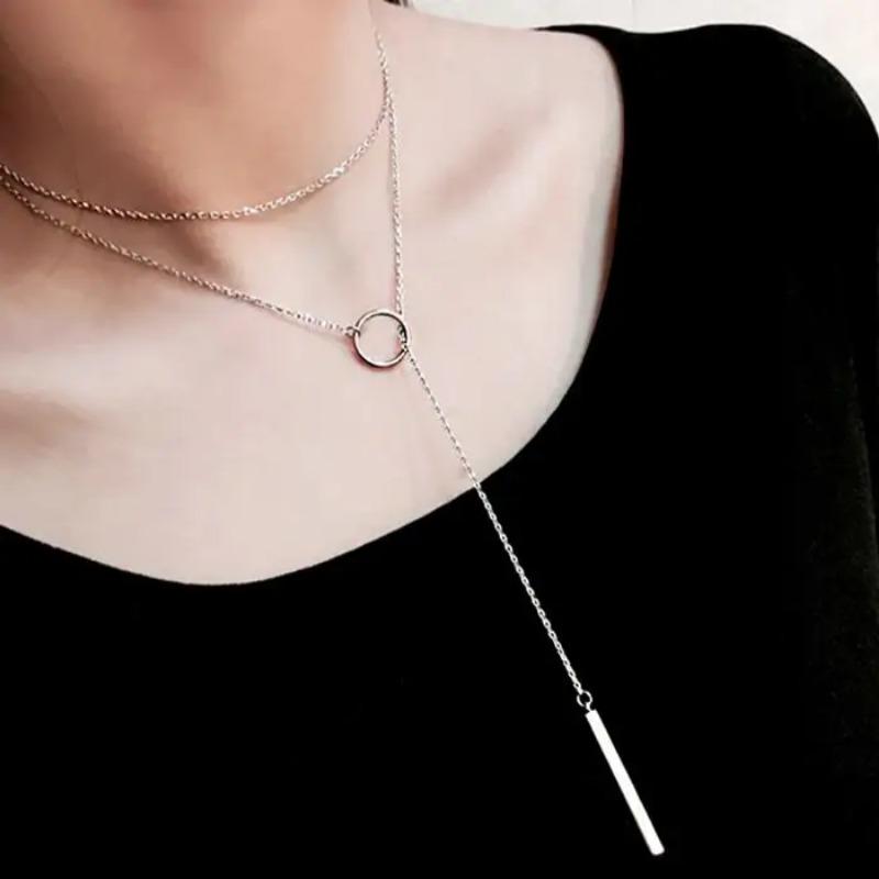 Long Chain Exaggerated Single Circle Necklace, Tassel Pendant Design, Personalized Trendy And Cool Collarbone Chain Accessory