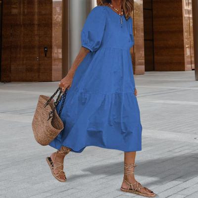 Damen Sommer Midikleid Kurze Laternenärmel Rundhals Leinenkleid Locker Lässig Boho Strand Sommerkleid