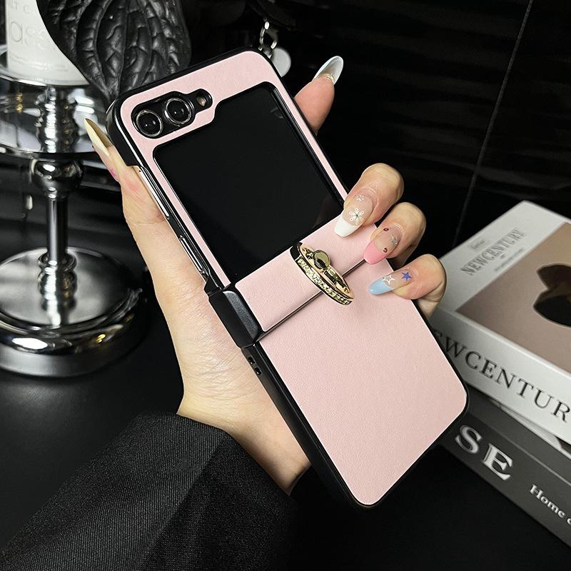Suitable for Samsung Z Flip6 mobile phone case Z Flip5 simple solid color plain leather pattern ring buckle anti-drop protective case