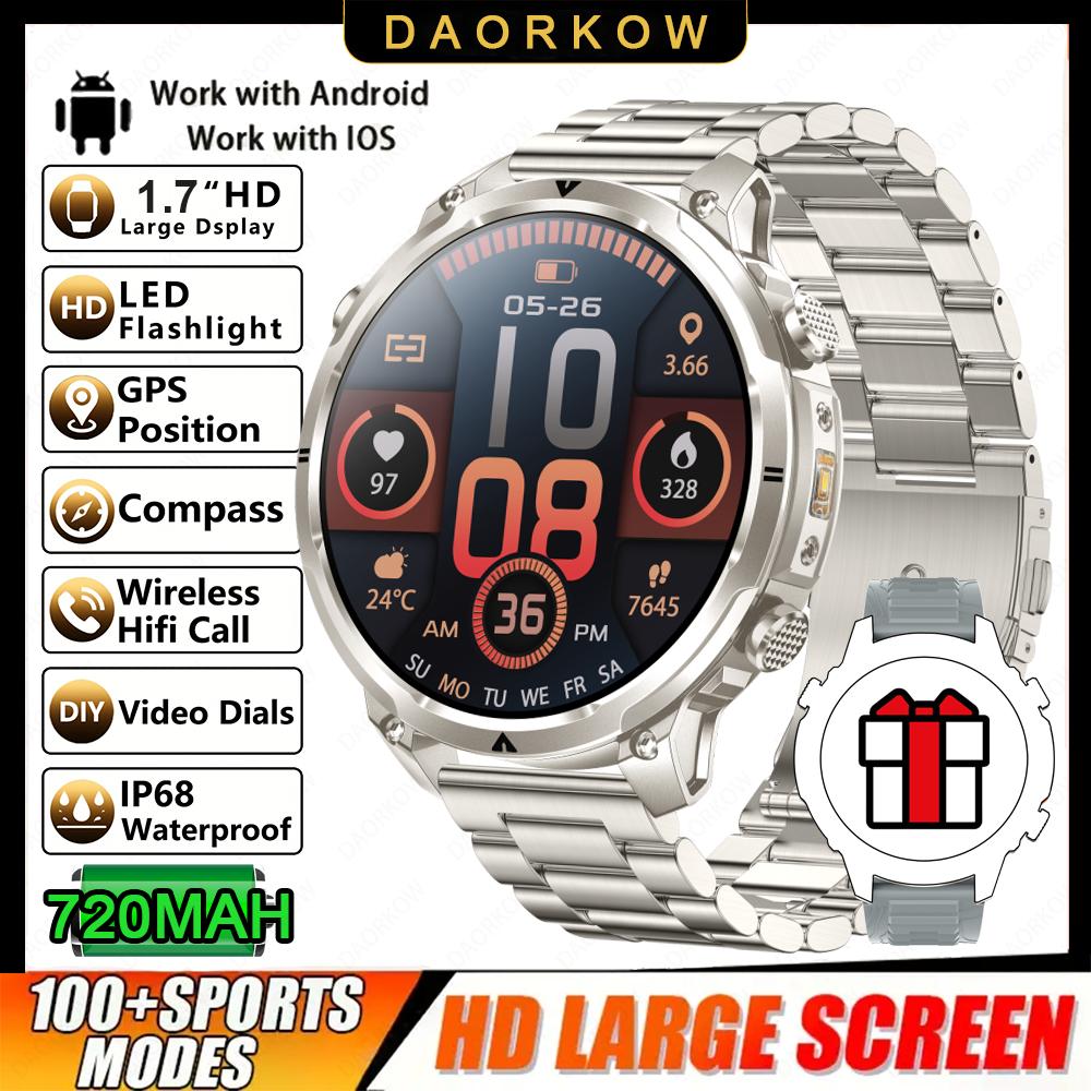 New Men GPS Smartwatch 1.7" HD Screen Military Call IP68 Waterproof 100 Sport Modes Smart Watch with 720mAh Large Battery