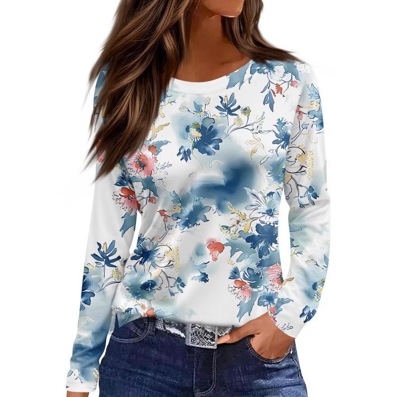 Women's Casual T-shirt 3D Floral Print Round Neck Retro Elegant Long Sleeves Women's Fashion Pullover Long Sleeve T-shirt Top