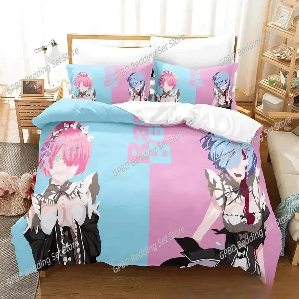 3D Anime Re Zero Rem Ram Emilia 3D Duvet Cover Bedding Set Comforter Linen Pillowcases Home Decor Single Double Twin King Queen