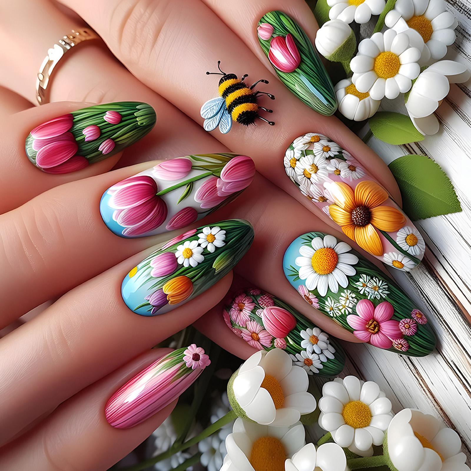 

24 шт. Капли воды Полное покрытие Накладные ногти Цветы Накладные ногти Средние Наклейки для ногтей Акриловые ногти для женщин и девушек