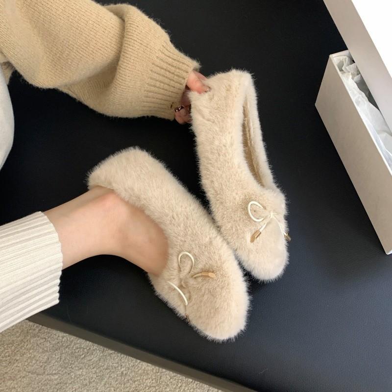 Gentle Fairy Wind Fluffy Shoes Female Outer Wear 2025 Autumn and Winter New Korean Version Soft-soled Flat-soled Velvet Doudou Shoes