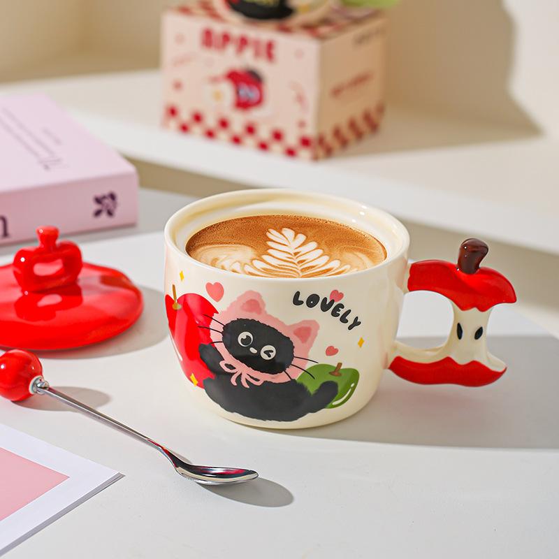 Creative Apple Cat Mug with Lid High Pretty Couple Ceramic Cup Souvenir Gift Cup for Best Friends Breakfast Cup