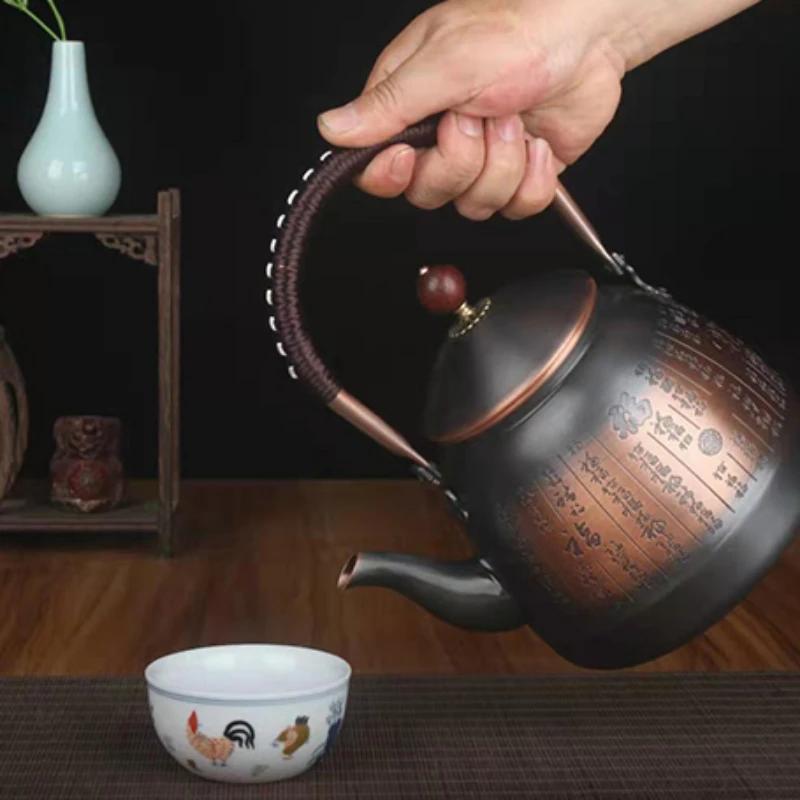 Chinese Style Roasted Black Copper Kettle Handcrafted Boiling Teapot Large Capacity Thickened Tea Kettle Ceramic Stove Brewing