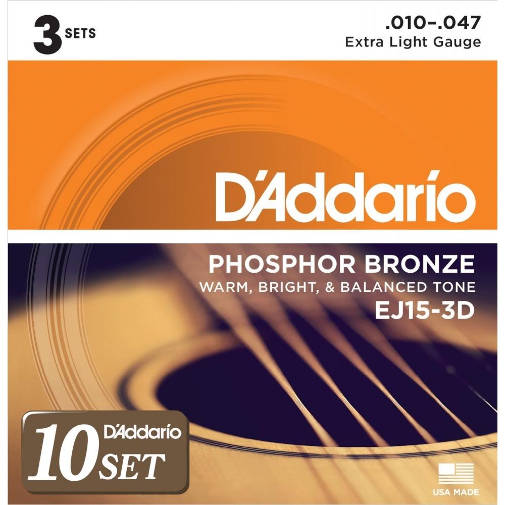 

Струни для акустичної гітари D Addario Phosphor Bronze Extra Light .010-.047 EJ15-3D 3 комплекти х 10 комплектів