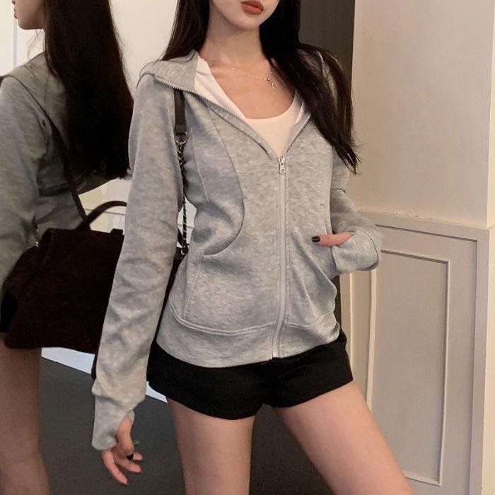 Grauer Kapuzen-Cardigan im koreanischen Stil für Damen, schmale Passform, lange Ärmel, tailliert, vielseitige Jacke