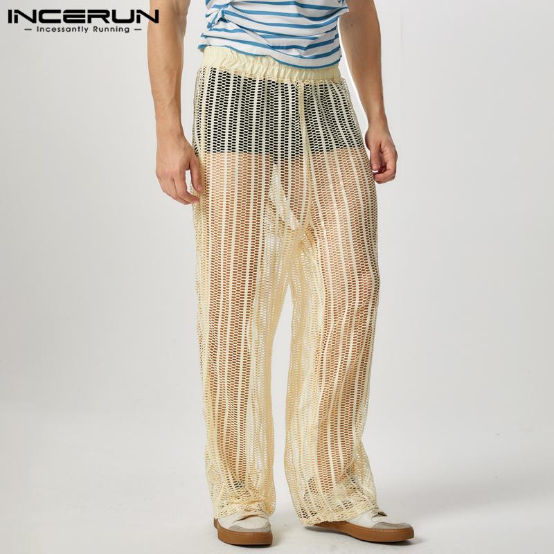 INCERUN Men Fishnet See Through Long Pants Holiday Beach Mesh See Through Trousers