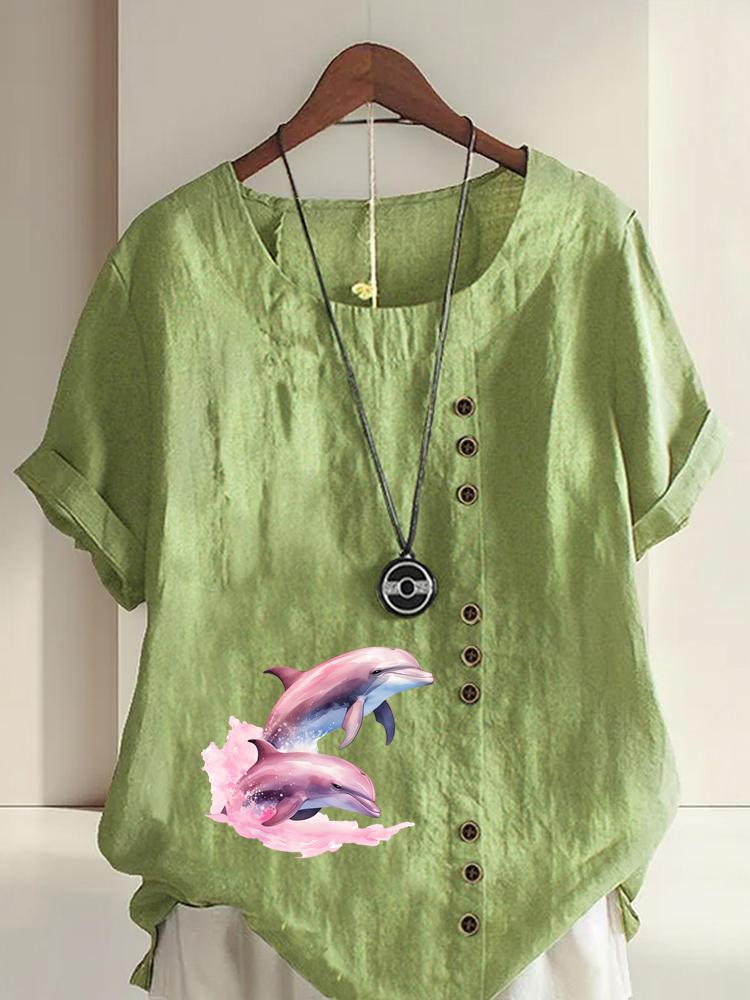 Women's Fashion Couple Dolphin Print Round Neck Short Sleeve T-shirt Summer Casual Cotton Linen Graphic Shirt Leisure Loose Blouse Tops