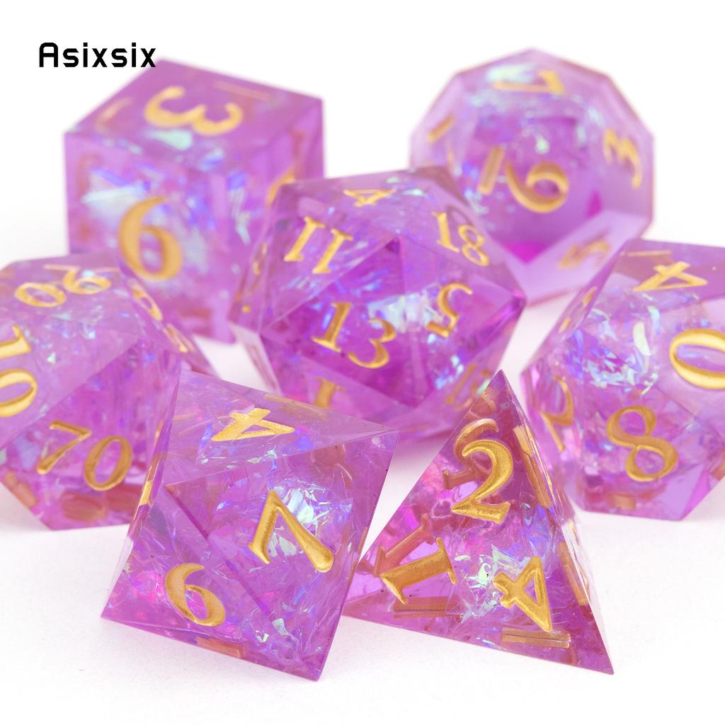 7 Pcs Purple Pink Resin Golden Number Sharp Edge Dice Polyhedral Dice Suitable For Role-Playing Dice PropBoard Game