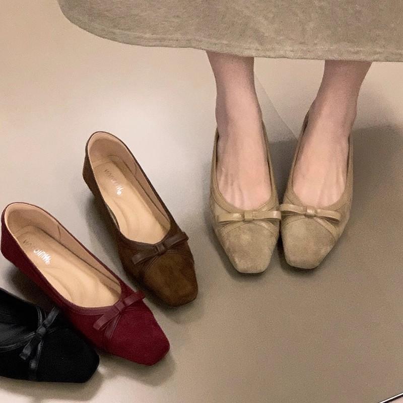2025 autumn new square head bow low heel single shoes women's one-pedal light mouth laden shoes commuting versatile Doudou shoes