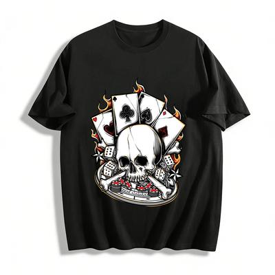 Dark Retro Skull Poker Print Trendy Casual Short Sleeve Top Pure Cotton T-shirt