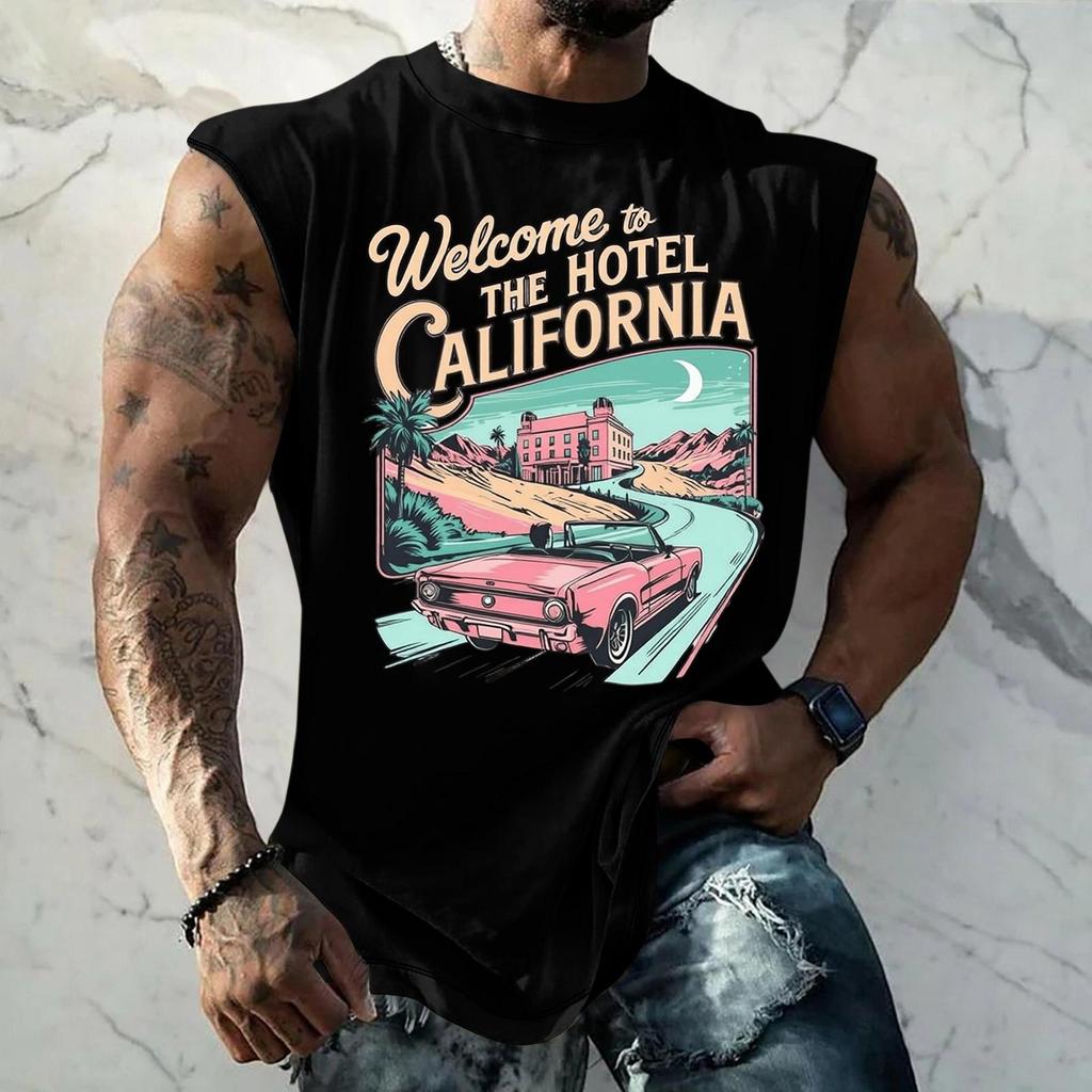 Men Sleeveless Tank Top Loose Fit Breathable Muscle Shirt Vintage Graphic Print Casual Streetwear Summer Sportswear