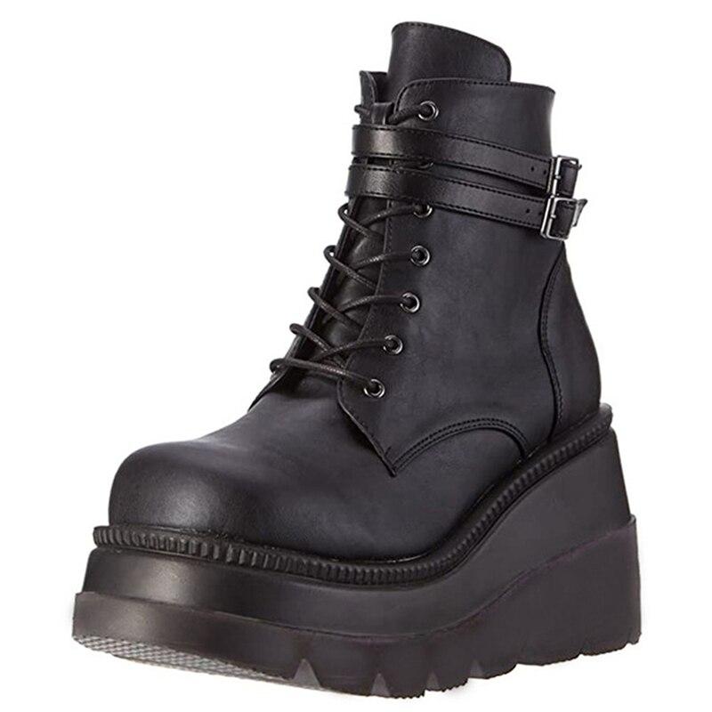 New Fashion European Style Black Ankle Boots Flats Round Toe Black Lace-Up Boots Woman Platform Patent Leather Shoes