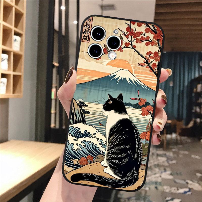 Phone Case Carcasa Funda For iPhone 17 Pro Max 17 Air 16 15 14 13 Pro Max 15 16 Pro 15Plus Art Black Cat Wave Van Gogh