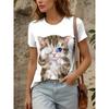Womens Loose Fit Short Sleeve T-Shirt With 3D Digital Color Block Print Round Neck Casual Top