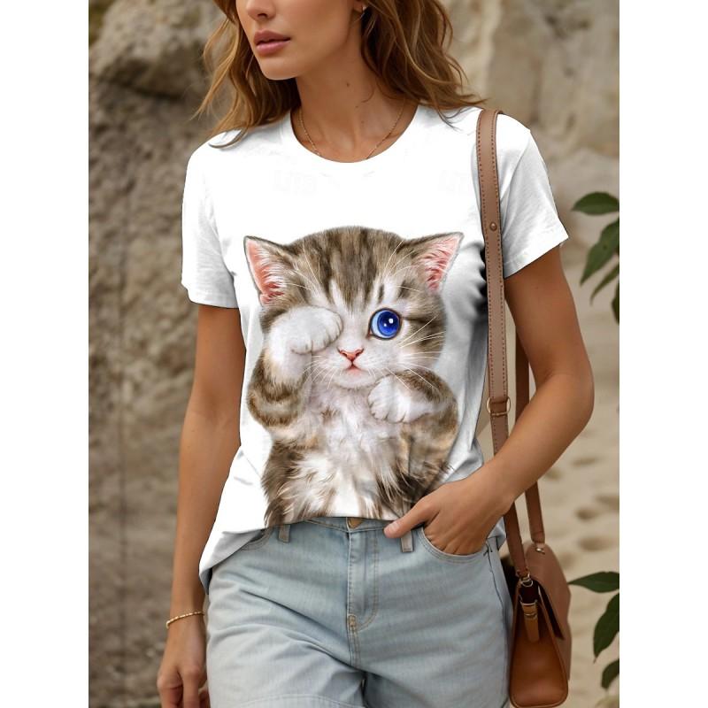 Womens Loose Fit Short Sleeve T-Shirt With 3D Digital Color Block Print Round Neck Casual Top