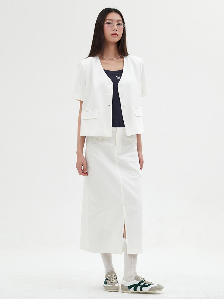 Elssibeui Linen Front-Slit Long Skirt_White