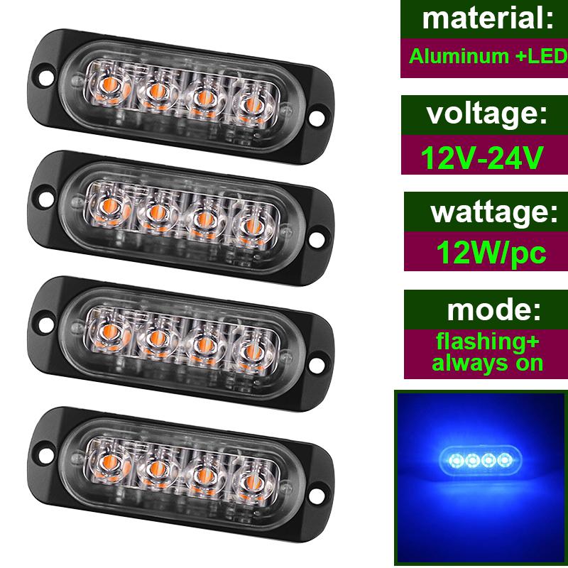 12V - 24V 4LED Car Warning Light Grill Breakdown Light Car Truck Trailer Beacon Lamp Side Light For Cars  Malfunction Light