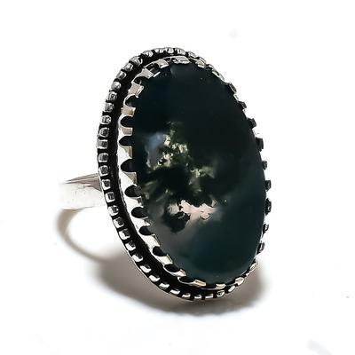 Natürlicher Moosachat Edelstein Handarbeit 925 Sterling Silber Ring Größe 9 D1j26