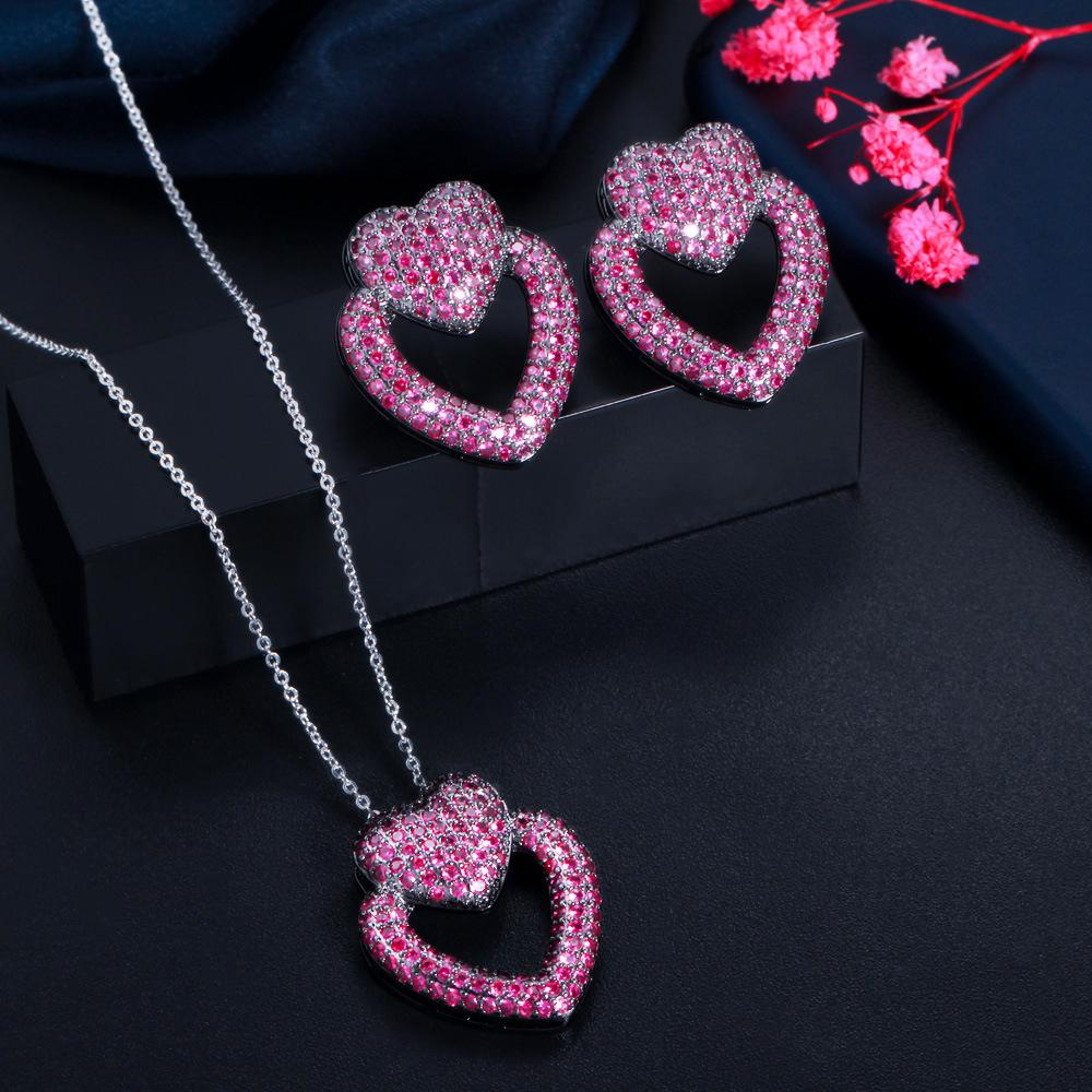 Popular Jewelry Peach Heart Shape Micro-Inlaid Zircon Set Chain Love Stud Earrings Necklace Full Of Diamonds Two-Piece Set