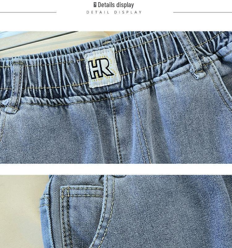 Women's Light Blue Plush Elastic Waist Wide-Leg Jeans, 2025 Spring/Autumn, Thickened, 9/10 Straight Leg.