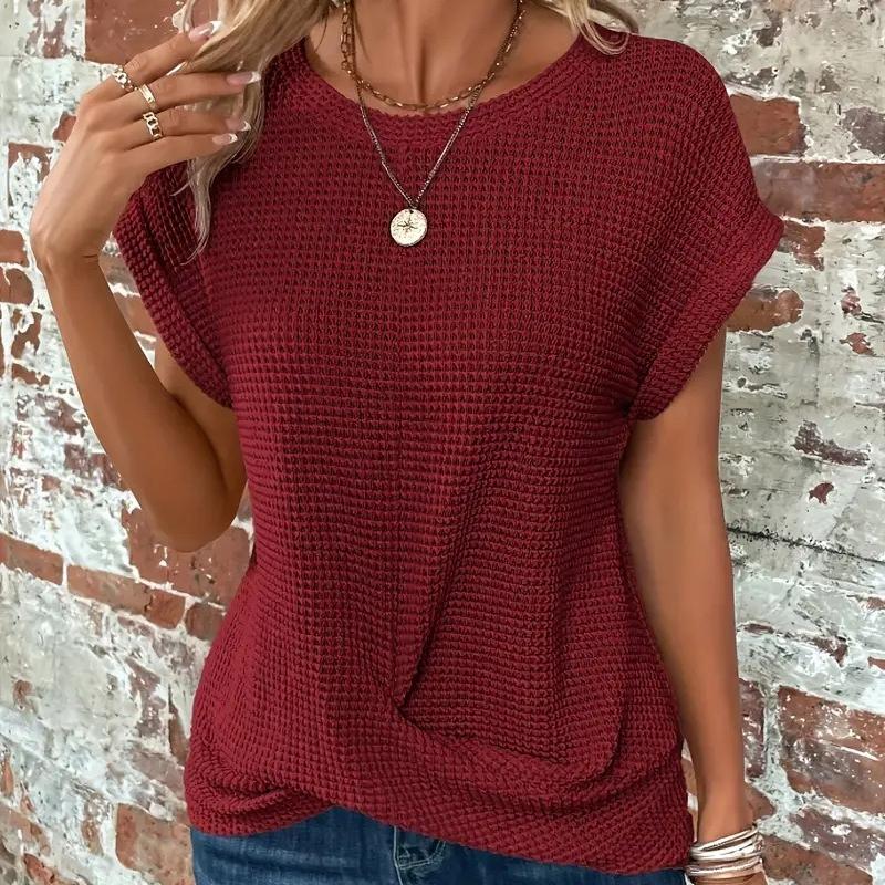 

Новая мода, однотонная повседневная футболка с круглым вырезом, женские топы, элегантные топы, летняя женская футболка с коротким рукавом, простые футболки больших размеров, женские 24483 S бордовый