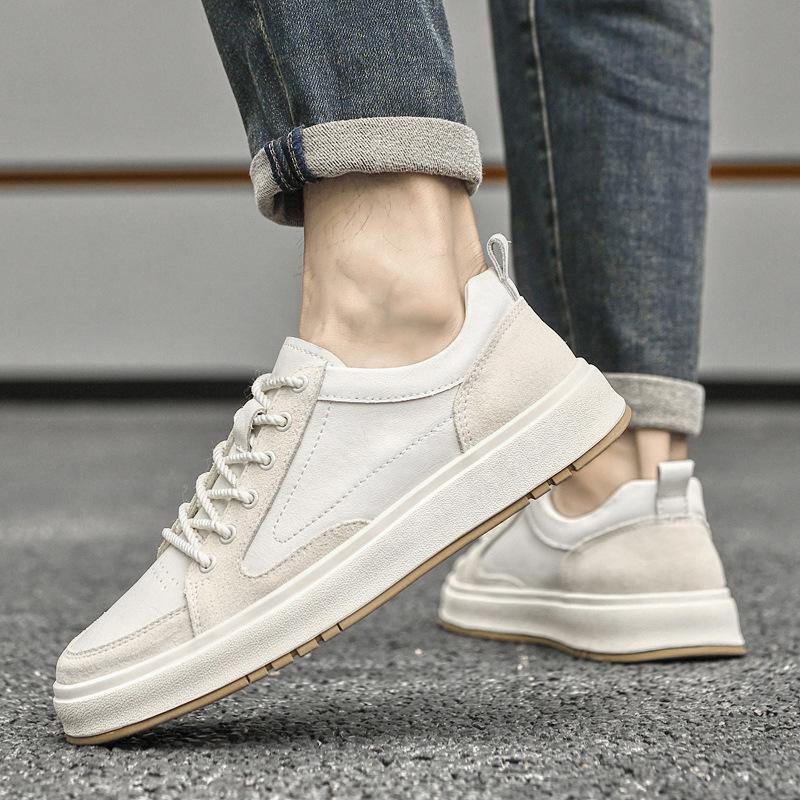 Men's Spring Low-Top Cowhide Sneakers - Fashionable, Large Size, Flat Bottom, White Sports Casual Shoes