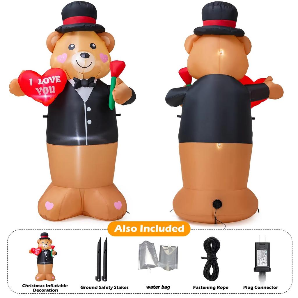 1.8M/6FT Teddy Bear Sir Inflatable Toys Valentine's Day Decor with LED Lights Blow Up Outdoor Garden Romantic Wedding Decoration