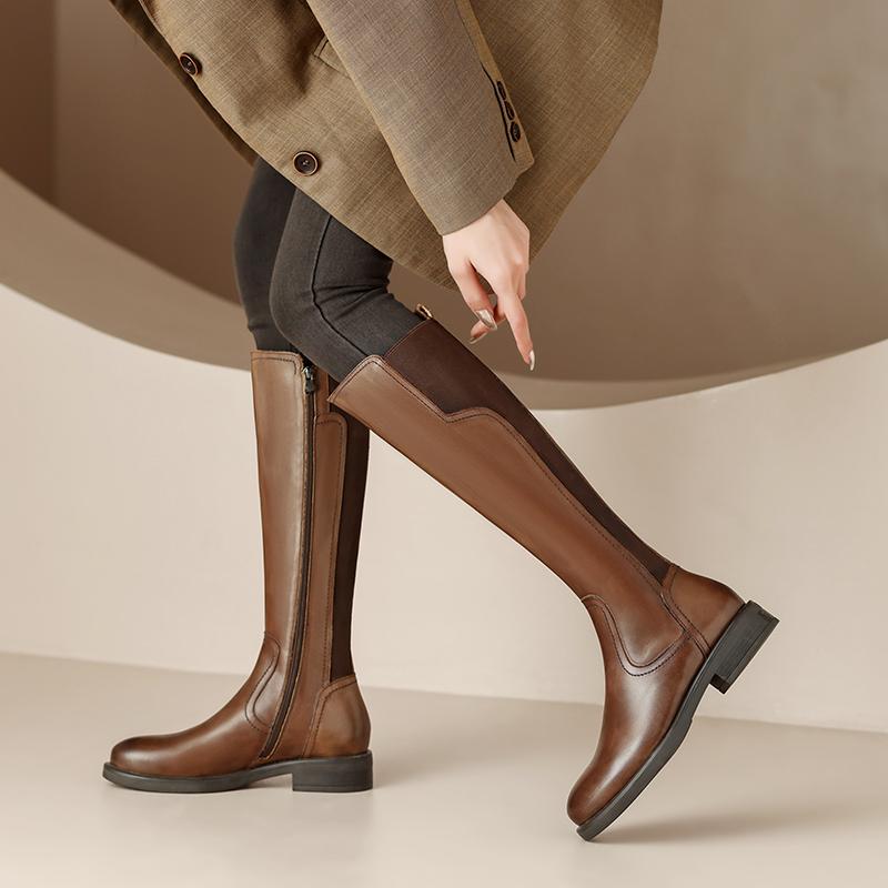 Women Genuine Leather Knee High Boots Low Heels Fashion Punk Concise Shoes Woman Autumn Winter Motorcycle Boots Platform Shoes