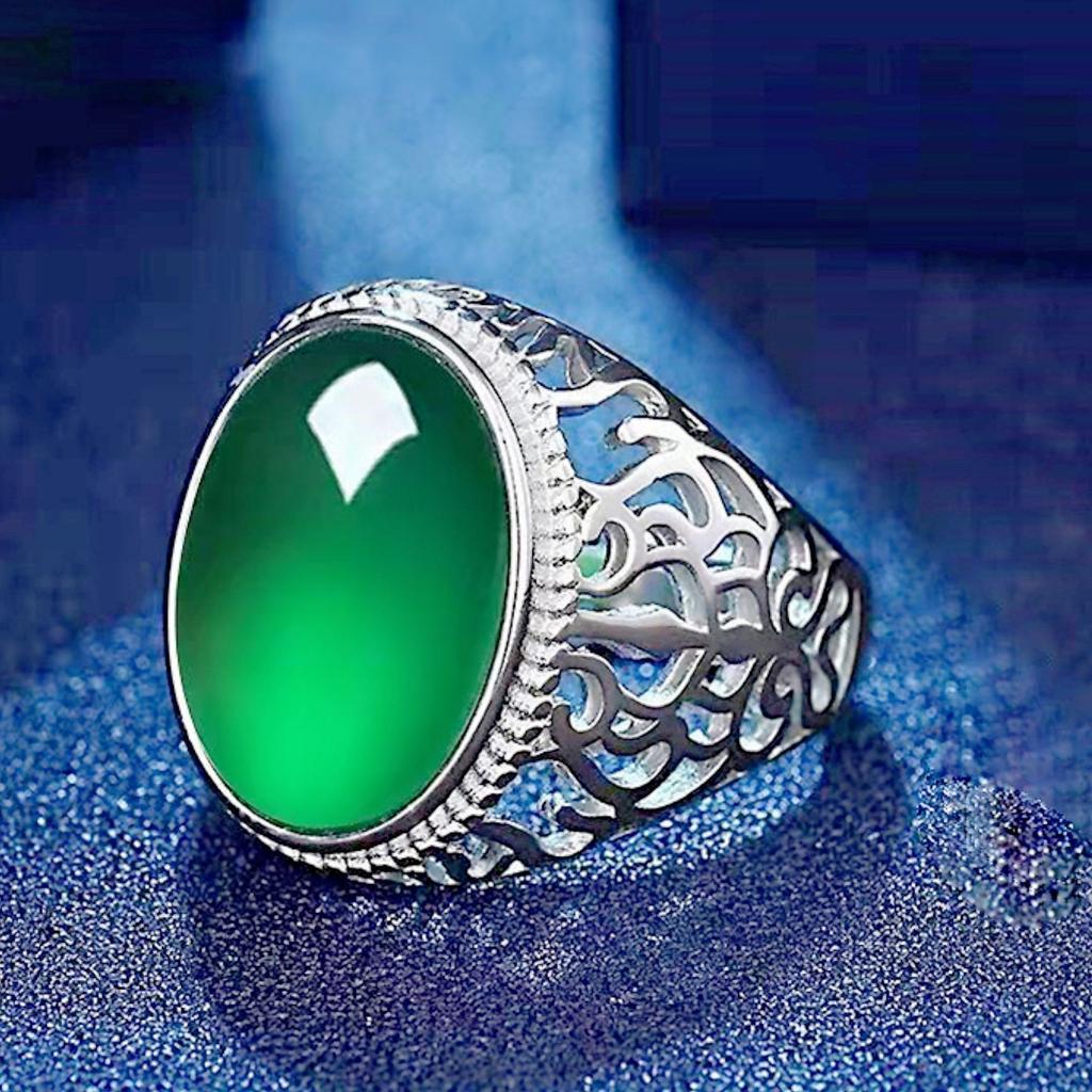 Silver-plated green agate men's ring, trendy and stylish, domineering white gold men's diamond ring, gemstone ring, adjustable size
