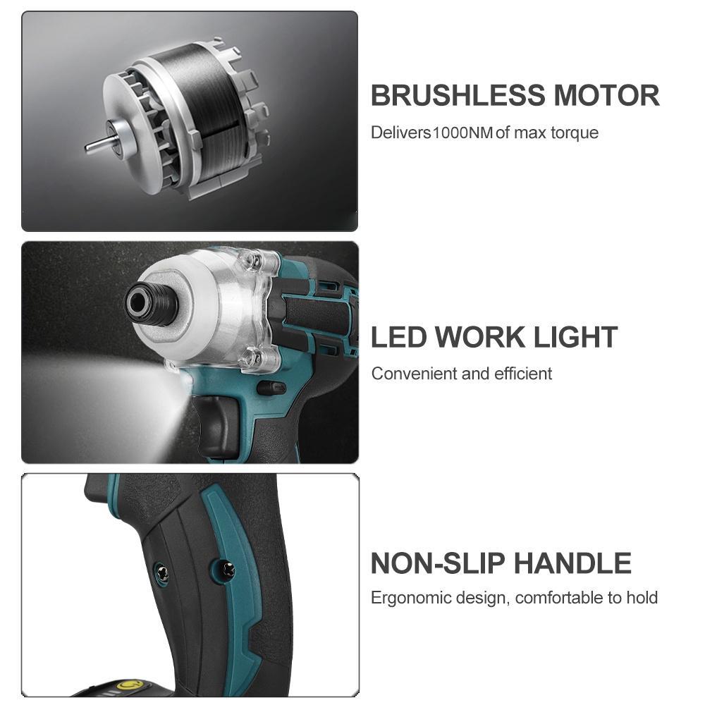 388vf 800N.M Brushless Cordless Electric Impact Driver 1/4"" Screwdriver Driver Wrench Power Tools with 2 Battery