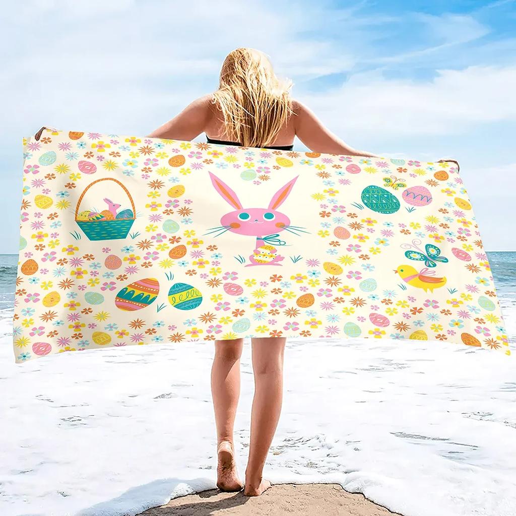 Microfiber Beach Towel,Easter Egg with Bunnies,Quick Dry Beach Towel,Soft Highly Absorbent Large Sandproof Sandless Pool Towels