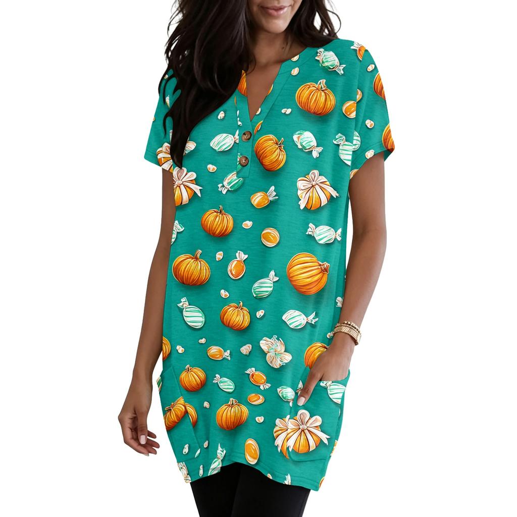 Women V Neck Halloween Print Short Sleeve Pullover Top with Pocket Loose Fit Web Pumpkin Design Tunic Shirt Blouse