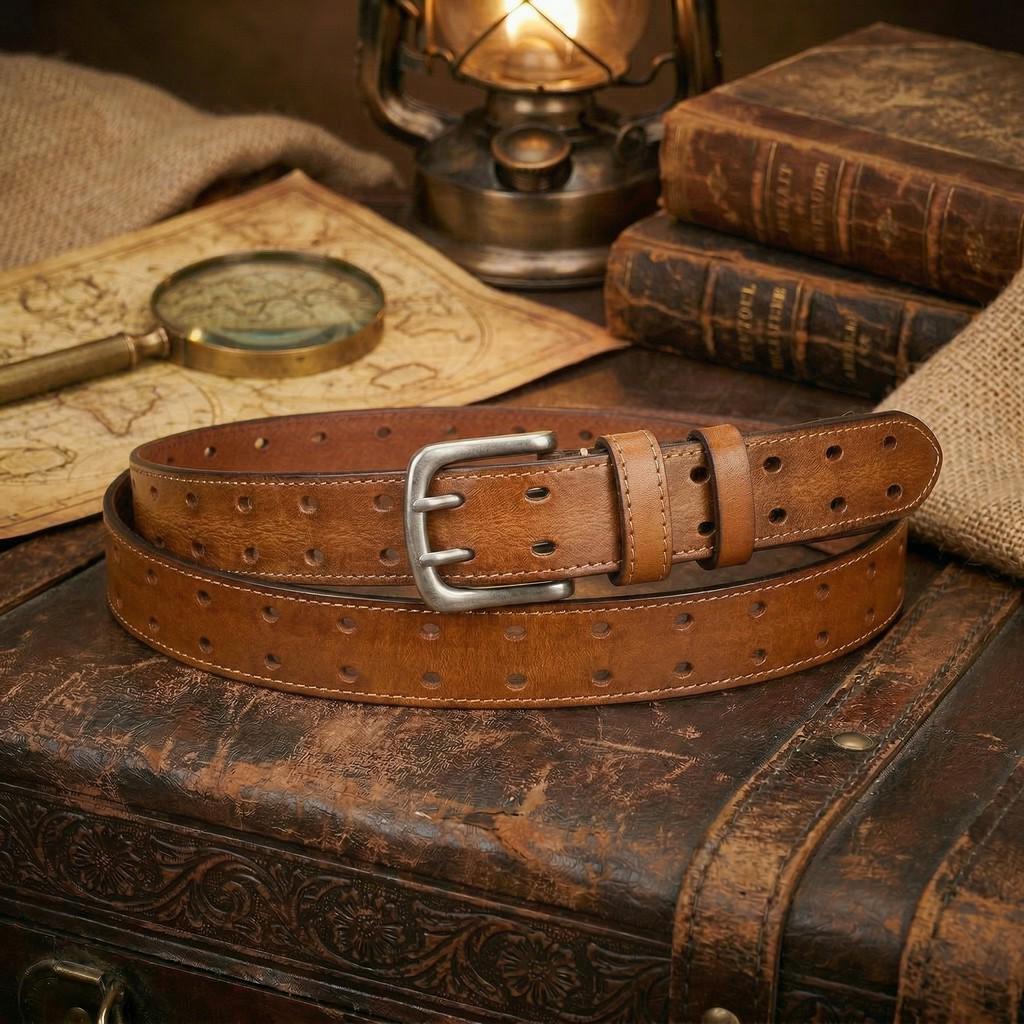 Trendy Men s Retro Double Pin Buckle Cowhide Leather Belt